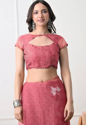Women's coral floral print georgette saree with unstitched piece 5
