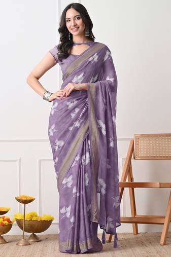 Women's purple floral print georgette saree with unstitched piece