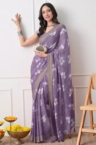 Women's purple floral print georgette saree with unstitched piece