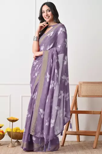 Women's purple floral print georgette saree with unstitched piece
