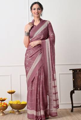 Women's pink floral print chiffon saree with unstitched piece 1