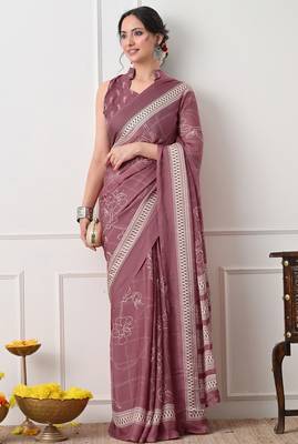 Women's pink floral print chiffon saree with unstitched piece 2
