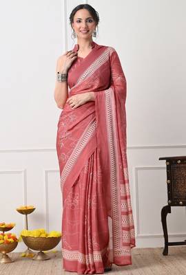 Women's coral floral print chiffon saree with unstitched piece 1