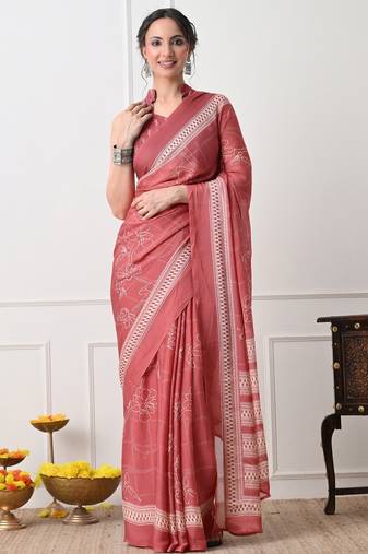 Women's coral floral print chiffon saree with unstitched piece