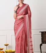 Women's coral floral print chiffon saree with unstitched piece