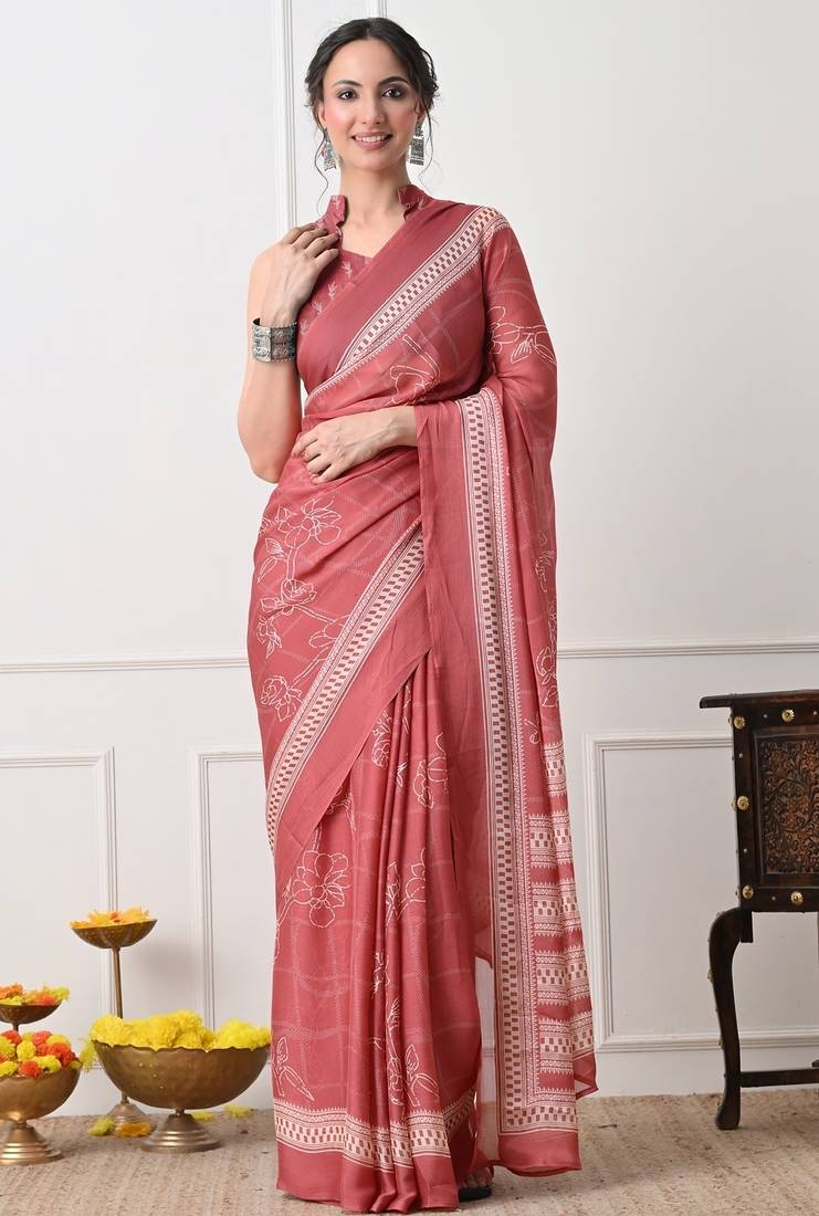 Women's coral floral print chiffon saree with unstitched piece