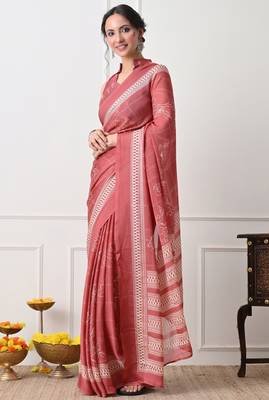 Women's coral floral print chiffon saree with unstitched piece 2