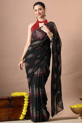 Women's black polka dots,block print georgette saree with unstitched piece