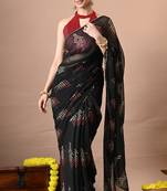 Women's black polka dots,block print georgette saree with unstitched piece