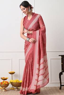 Women's coral floral print chiffon saree with unstitched piece 3