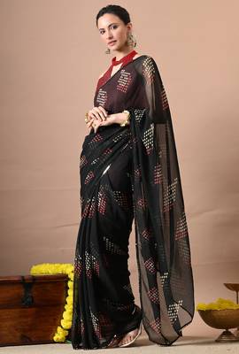 Women's black polka dots,block print georgette saree with unstitched piece 2