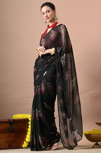 Women's black polka dots,block print georgette saree with unstitched piece