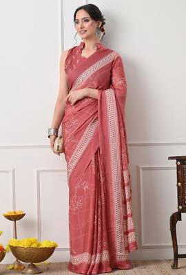 Women's coral floral print chiffon saree with unstitched piece 5