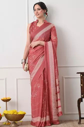 Women's coral floral print chiffon saree with unstitched piece