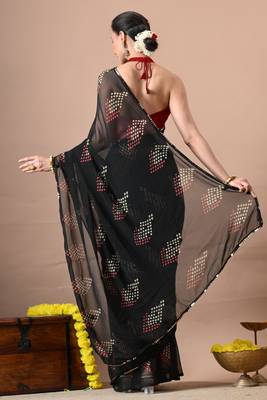 Women's black polka dots,block print georgette saree with unstitched piece 3