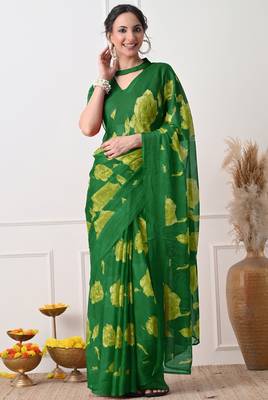 Women's green floral print chiffon saree with unstitched piece 1