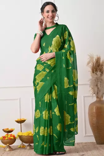 Women's green floral print chiffon saree with unstitched piece