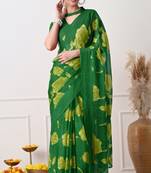 Women's green floral print chiffon saree with unstitched piece