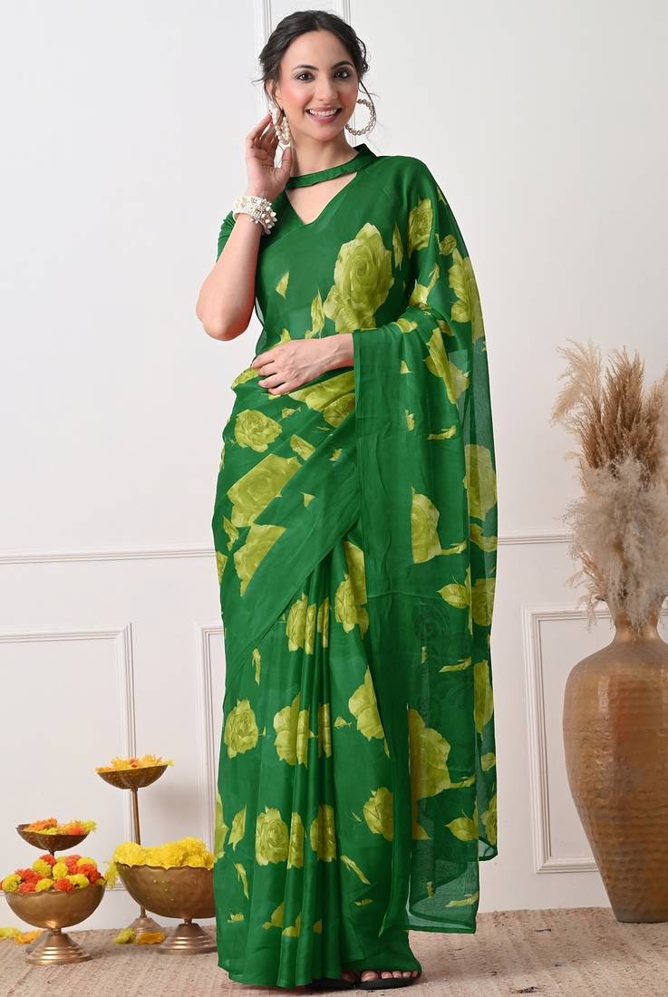 Women's green floral print chiffon saree with unstitched piece