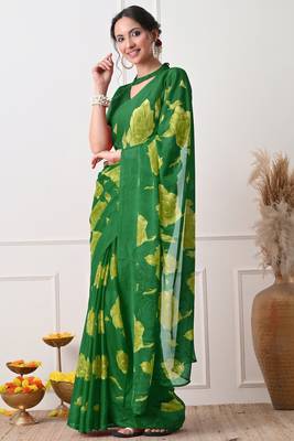 Women's green floral print chiffon saree with unstitched piece 2