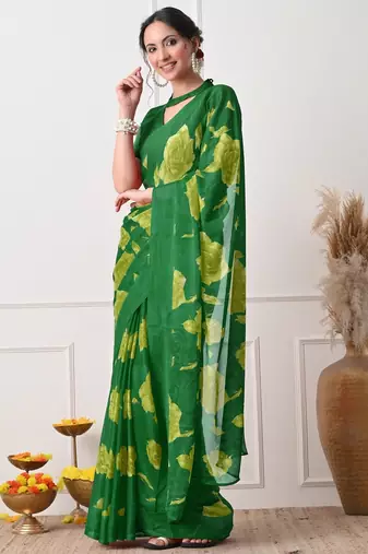 Women's green floral print chiffon saree with unstitched piece