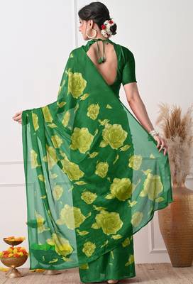 Women's green floral print chiffon saree with unstitched piece 3