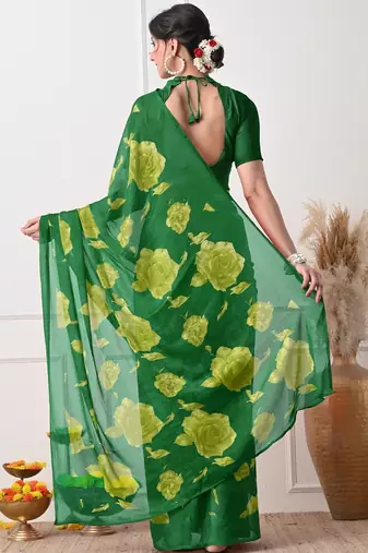 Women's green floral print chiffon saree with unstitched piece