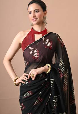 Women's black polka dots,block print georgette saree with unstitched piece 5