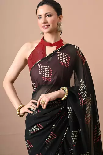 Women's black polka dots,block print georgette saree with unstitched piece