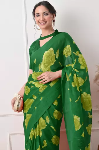 Women's green floral print chiffon saree with unstitched piece