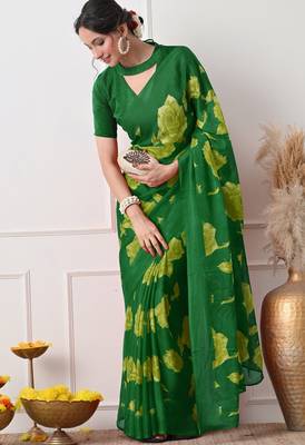 Women's green floral print chiffon saree with unstitched piece 5