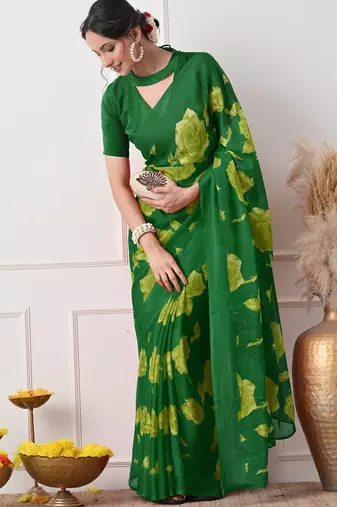 Women's green floral print chiffon saree with unstitched piece