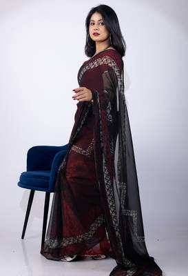 Women's black chevron print georgette saree with unstitched piece 2
