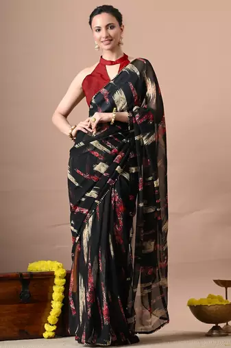 Women's black abstract print georgette saree with unstitched piece