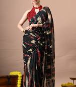 Women's black abstract print georgette saree with unstitched piece