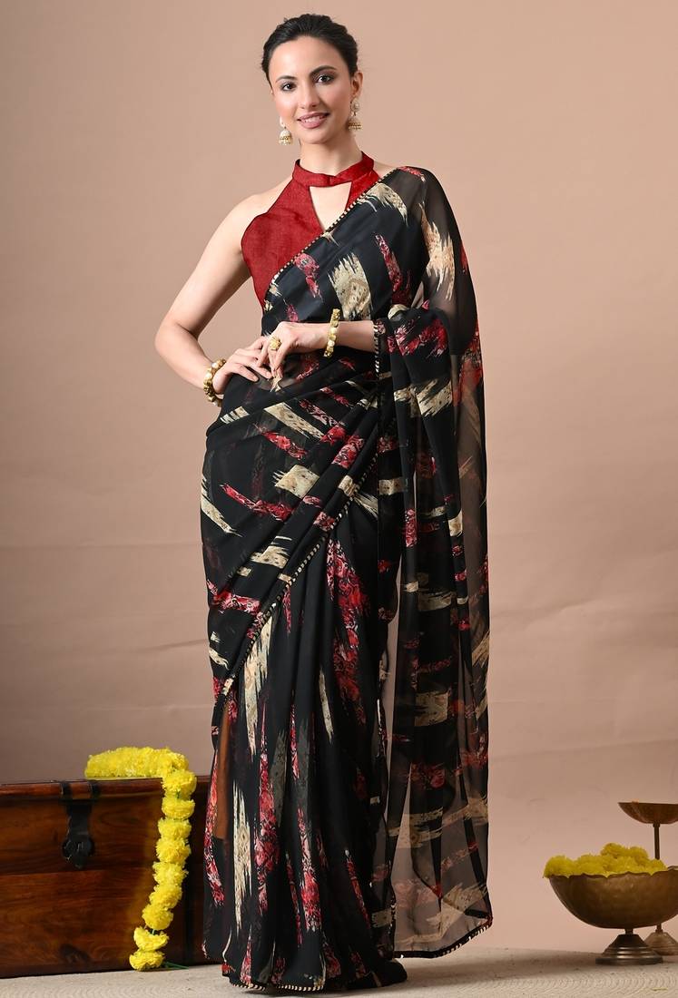 Women's black abstract print georgette saree with unstitched piece