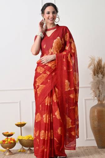 Women's red floral print chiffon saree with unstitched piece