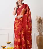 Women's red floral print chiffon saree with unstitched piece