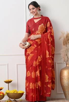 Women's red floral print chiffon saree with unstitched piece 2