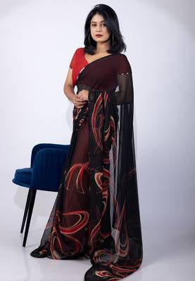 Women's black geometric print georgette saree with unstitched piece 3