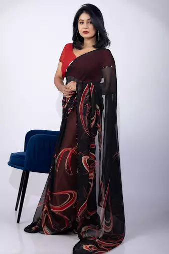 Women's black geometric print georgette saree with unstitched piece