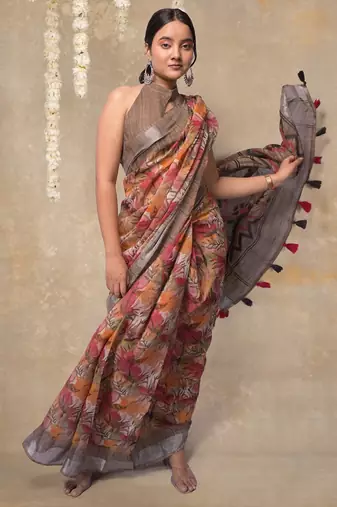 Women's orange floral cotton blend saree with unstitched piece