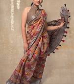 Women's orange floral cotton blend saree with unstitched piece