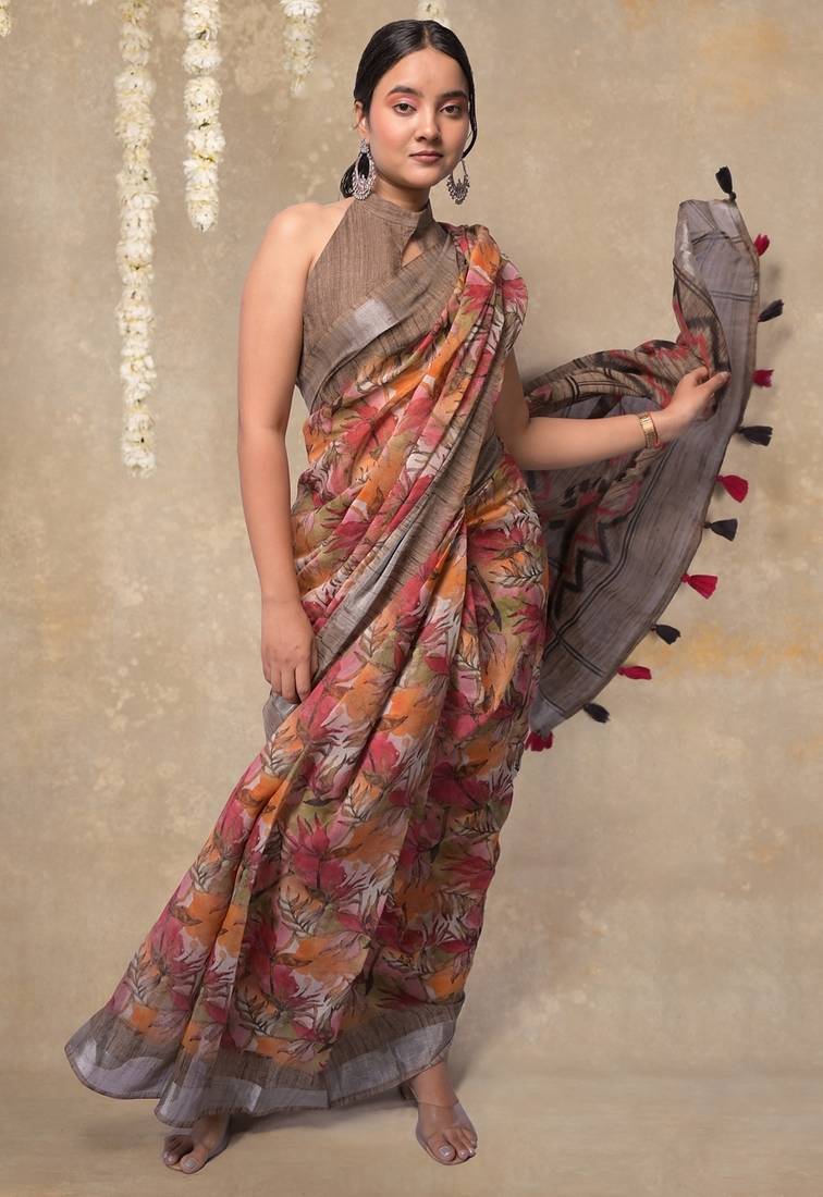 Women's orange floral cotton blend saree with unstitched piece