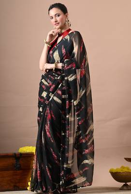 Women's black abstract print georgette saree with unstitched piece 2