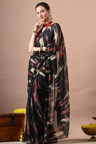 Women's black abstract print georgette saree with unstitched piece