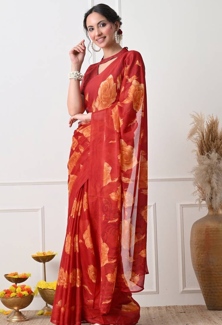 Women's red floral print chiffon saree with unstitched piece