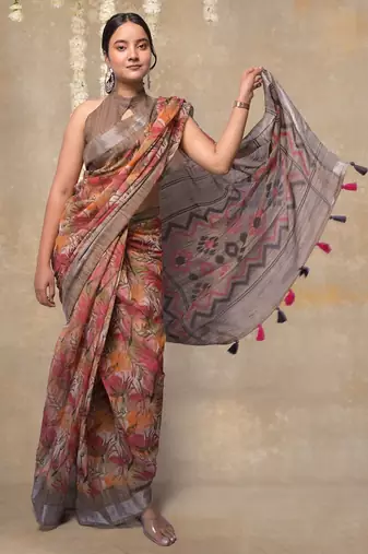 Women's orange floral cotton blend saree with unstitched piece