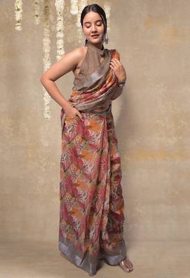 Women's orange floral cotton blend saree with unstitched piece 3
