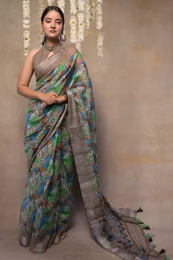 Women's green floral cotton blend saree with unstitched piece